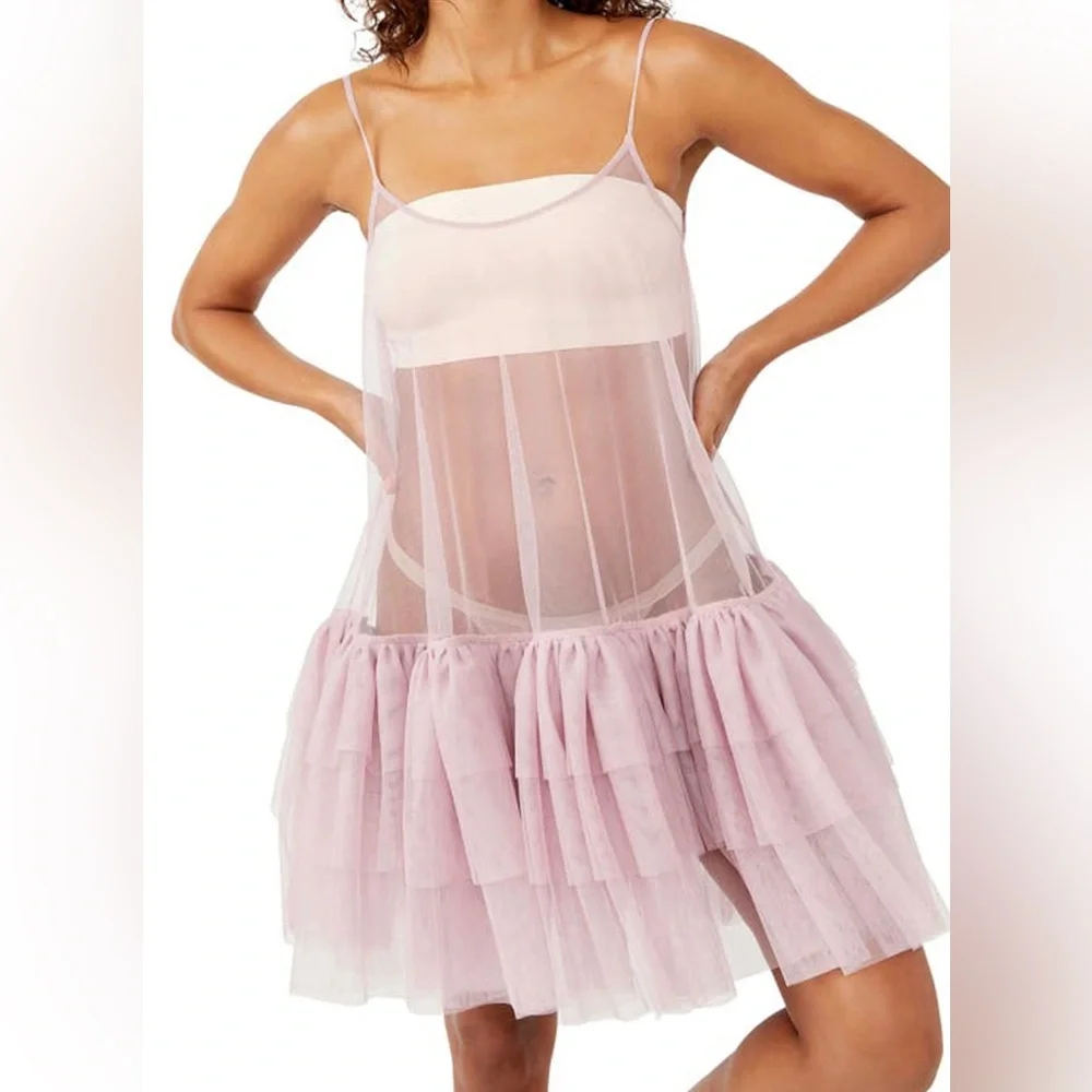 Push Send Free People Tulle Slip Dress Mini Silverberry Ruffle Tier - Picture 2 of 7